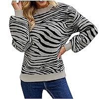 Women's Fall Sweaters Casual Long Sleeve Crew Neck Zebra Striped Print Color Block Knit Sweater Pullover Jumper Tops