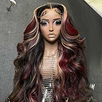UNICE 12A Skunk Stripe Wig Human Hair 180% Density Black Red Blonde Highlights 13X4 Transparent Lace Front Human Hair Wigs Loose Wave Glueless Frontal Wig Pre Plucked with Baby Hair 16 inch