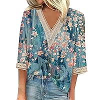 Women's Tops 3/4 Sleeve Womens Tops Lace V Neck Summer Cute Floral Tshirts Casual Blouse Retro Graphic Tees