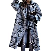 Womens Notch Lapel Single Breasted Color Block Printing Casual Long Sleeve Lapel Blazer Slim Mid Long Trench Coat Jacket
