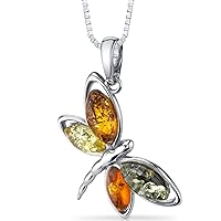 PEORA Genuine Baltic Amber Dragonfly Pendant Necklace and Earrings for Women in Sterling Silver, Rich Cognac, Honey and Olive Colors