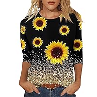3/4 Sleeve Tops for Women Crew Neck Sunflower Printed Tees Trendy Loose Fit T-Shirt Casual Comfy Blouses Cute Tops