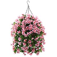 INQCMY Artificial Hanging Violet Flowers in Basket for Patio Garden Decor,Artificial Hanging Vine Plant in Basket,Coconut Lining Hanging Basket with Flower for The Decoration of Courtyard(Pink)
