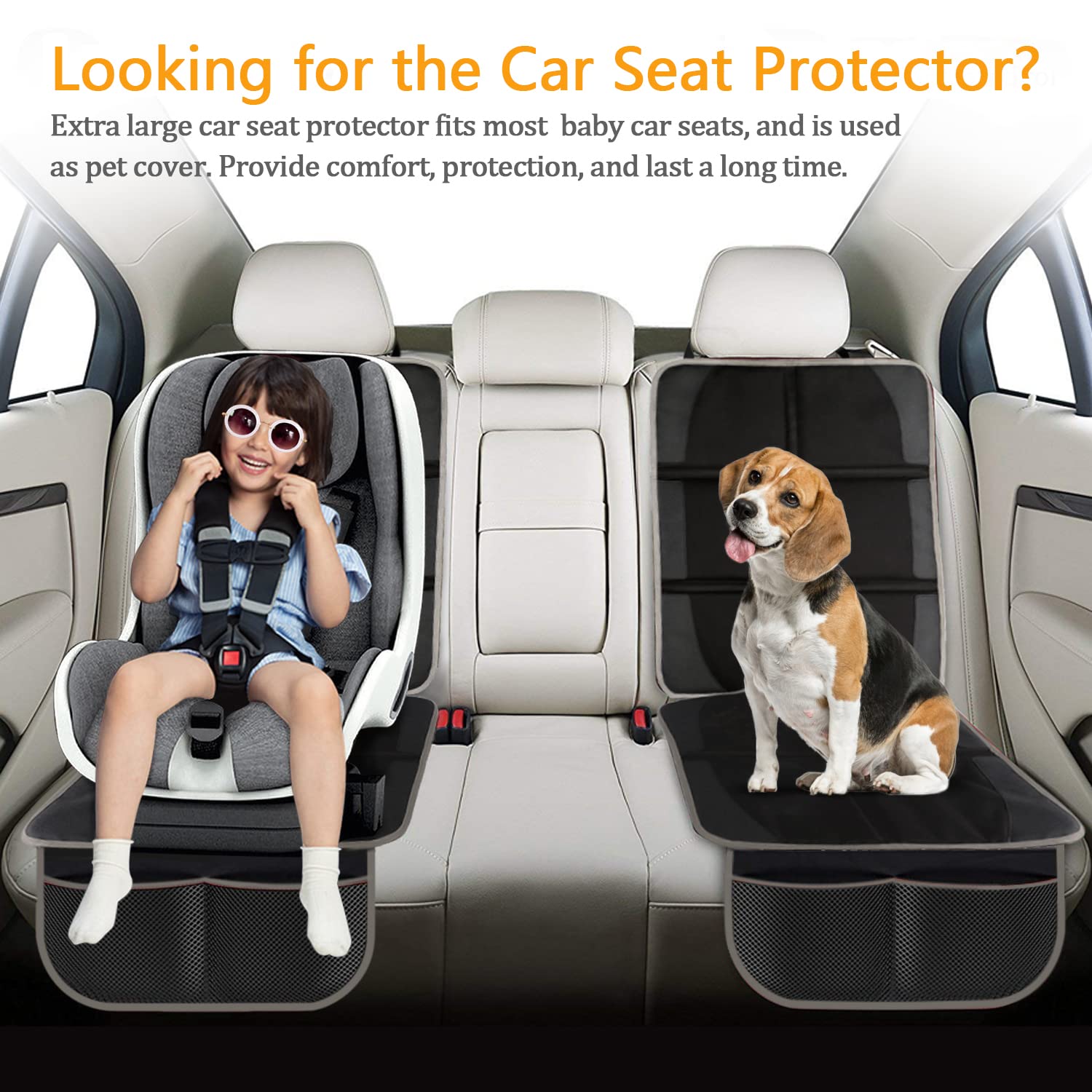2 Pack Large Auto Car Seat Protectors for Child Car Seat, Thick Carseat Seat Protector with Organizer Pockets, Vehicle Dog Cover Pad for SUV Sedan Truck Leather Seats
