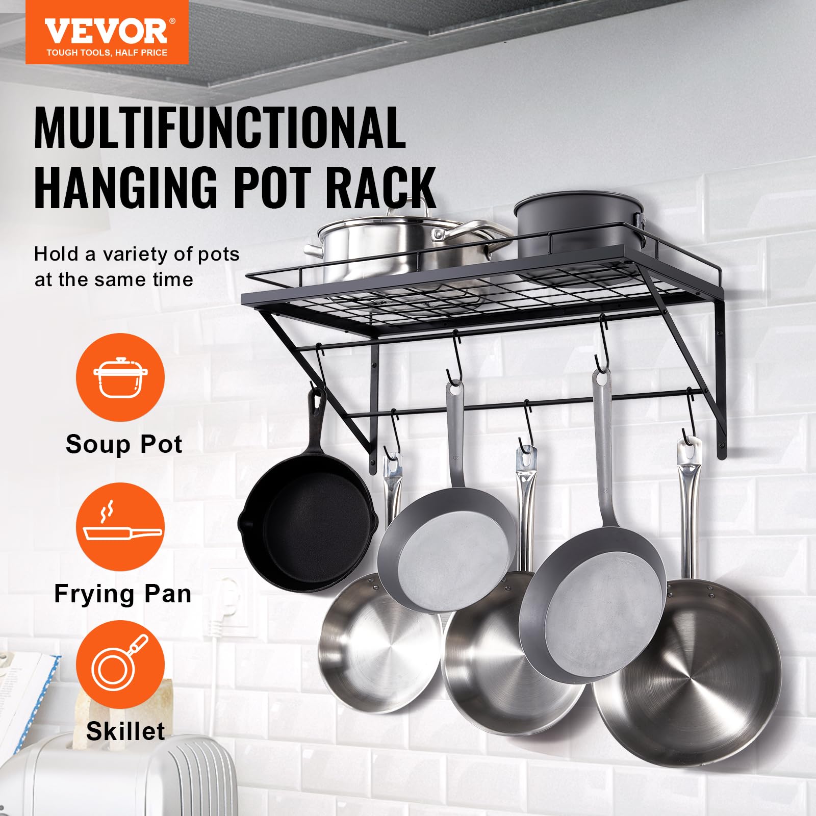 VEVOR Pot Rack Wall Mounted, 24 inch Pot and Pan Hanging Rack, Pot and Pan Hanger with 12 S Hooks, 55 lbs Loading Weight, Ideal for Pans, Utensils, Cookware in Kitchen