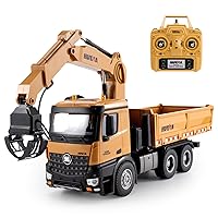 26CH Remote Control Dump Truck, 2 in 1 RC Dump Truck Wood Grabber Toy, Heavy Duty Construction Toys Vehicle, Birthday Gifts Ideas for Kids Adults, 1/14 Scale Trucks