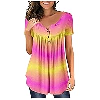Spring Tops for Women Loose Fitting Short Sleeve Henley V-Neck Plus Size Flowy Button Down Womens Button Down Shirt
