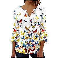 Women's Graphic Print Henley T-Shirts Summer 3/4 Sleeve V Neck Button Tunic Tops Trendy Lounge Flowy Loose Fit Shirts