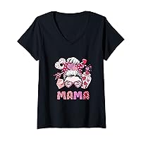Womens Valentines Day Mom One Loved Mama Messy Bun Wife Cupid Heart V-Neck T-Shirt