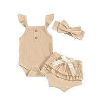 VISGOGO Toddler Baby Girl Summer Clothes Solid Color Ribbed Romper + Ruffles Shorts + Headband Cute Outfits Set