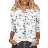 Womens Cotton Linen Button Down Shirt 2024 Spring Summer Casual 3/4 Sleeve Trendy Printed Shirts Loose Work Tops