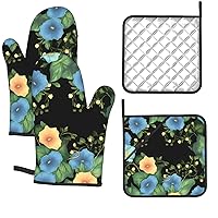 Oven Mitts and Pot Holders Set of 4 Kitchen Oven Mitts Set Heat Morning Glory Printed Resistant Oven Mittens Potholders for Kitchen Cooking Baking BBQ