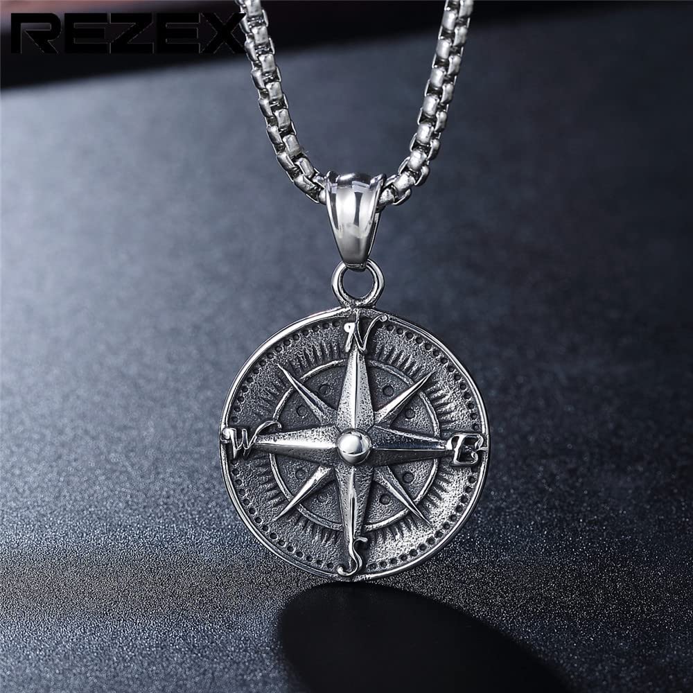 pickyegg.com Cool Mens Nautical North Star Compass Pendant Necklace Stainless Steel