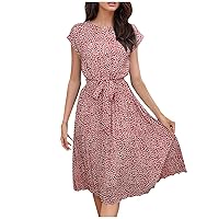 Women's Elegant Vintage Casual Floral Print Work Party A-Line Swing Dress Cap-Sleeve Crewneck Pleated Dress with Belt