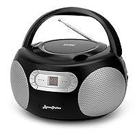 ByronStatics Portable CD Player Boombox with AM FM Radio, Top Loading CD, 1W RMS x 2 Stereo Speaker, Aux-in Jack, LCD Display, AC110-120V Operated Black