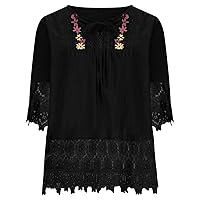 AODONG Linen Shirts for Women Summer Loose Flowy Lace Splicing Trendy Crew Neck Tie Front 3/4 Sleeve Blouse Tops