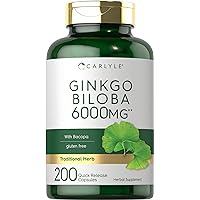 Ginkgo Biloba Pills | 6000mg | 200 Capsules | Maximum Strength | Non-GMO, Gluten Free Supplement