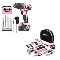 WORKPRO Pink Cordless 20V Lithium-ion Drill Driver Set with Storage Bag and 103-Piece Pink Tool Kit with Easy Carrying Round Pouch