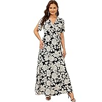 Women Plus Size Wrap Black & White Floral Printed Maxi Evening Dress