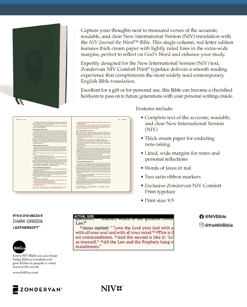 NIV, Journal the Word Bible (Perfect for Note-Taking), Leathersoft, Green, Red Letter, Comfort Print: Reflect, Take Notes, or Create Art Next to Your Favorite Verses