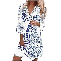 Women's V-Neck Printed Lace Patchwork Bohemian Dress 3/4 Bell Sleeve Summer Casual Resort Mini Dresses 2024