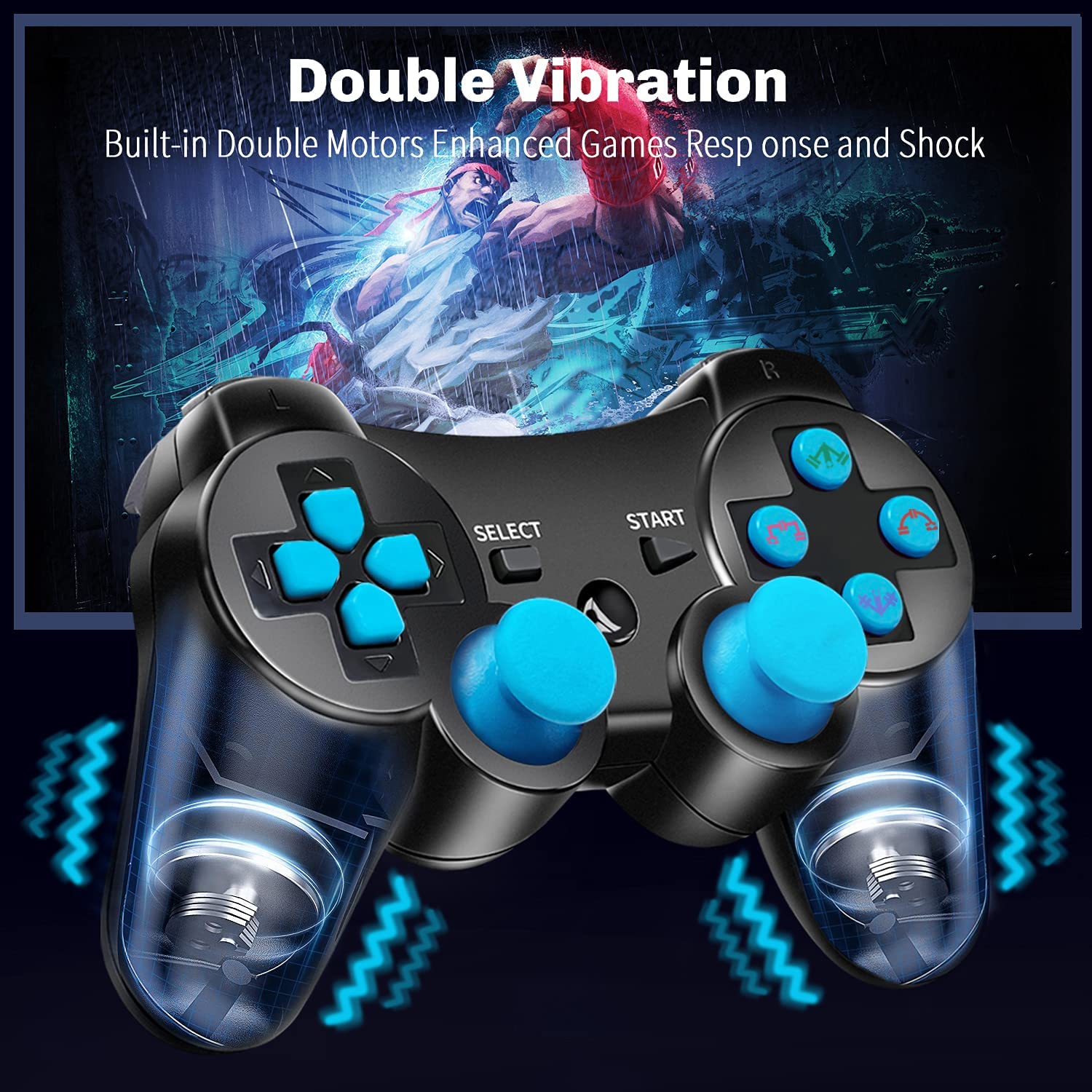 Kujian 2 Pack Controller for PS3, Wireless Controller for Playstaion 3, 6-axis Double Shock Gaming Controller with 2 USB Charging Cords (Blue and Green)