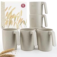 16oz Wheat Straw Cups with handles set of 6-Plastic Cups Reusable-Unbreakable Kids Mugs-Dishwasher Safe & Microwave Safe-Ideal Plastic Mugs for Tea,Coffee,Camping,RV-Beige