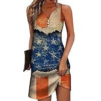 2024 Summer Dress for Women Casual Button Print V-Neck Independence Day Outdoor Sleeveless Loose Dress