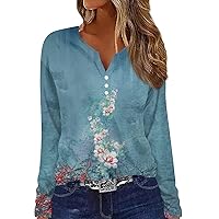 Fall Clothes for Women 2023 T Shirt Tee Button Print Long Sleeve Daily Weekend Fashion Basic V-Neck Regular Top