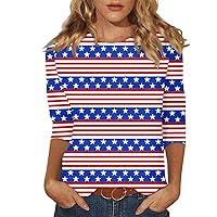 4Th of July Women's Shirts,American Flag T Shirts Patriotic Shirt 3/4 Sleeve Crewneck Trendy Tunic Casual Summer Tops