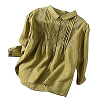 Women's Cotton Linen Jacquard Blouses Top Summer Casual T-Shirt Vintage Button Down Shirts Collared Work Tunic Tops