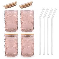 Vintage Drinking Glasses Set of 4 with Bamboo Lids, Textured Clear Striped Ribbed Glassware Set Cocktail Set Beaded Glass Cups Old Fashion Embossed Iced Coffee Cup for Beer, Beverage(16 oz), Rose Gold
