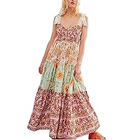 Women Flowy Smocked Maxi Dress Summer Tie Shoulder Aline Boho Dress Y2k Floral Tiered Sundress