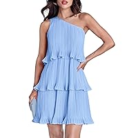 Women's 2024 Summer One Shoulder Dress Boho Style One Shoulder Ruffled Layered Chiffon Elegant Sleeveless Dress