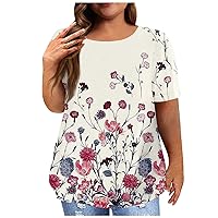 Women's Summer Tops Sleeve Shirt Round Neck Plus Size T-Shirt Flower Printed Casual Tops Button Down Shirt, L-5XL