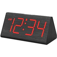 DreamSky Wooden Digital Alarm Clocks for Bedrooms - Electric Desk Clock with Large Red Numbers, USB Port, Battery Backup Alarm, Adjustable Volume, Wood Décor, Dimmer, Snooze, DST, 12/24H (Red)
