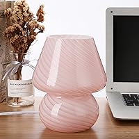 BSOD Pink Mushroom Lamp,Glass Mushroom Bedside Table Lamps Translucent Murano Vintage Style Striped Small Nightstand Desklamp Swirl Light for Home Decor, Dining, Living, Bedroom, Gift (Stripe Pink)