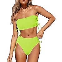 Pink Queen Women's 2 Piece High Waisted Bikini Sets Ribbed Bandeau Ruched Drawstring Swimsuit Bathing Suit