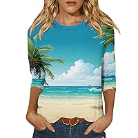Womens Summer Tops Crew Neck 3/4 Sleeve T Shirts for Women Loose Fit Daily Print Basic Tops for Woman