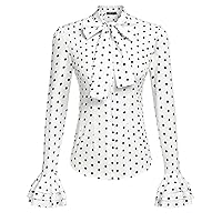 Zeagoo Women Bow Tie Neck Blouses Ruffle Long Sleeve Shirts Button-Down Office Work Casual Tops XS-3XL