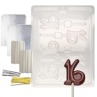 Cybrtrayd 16 Lolly Letters and Numbers Chocolate Candy Mold with Lollipop Supply Bundle of 25 Gold and 25 Silver Twist Ties