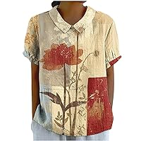 Boho Floral Preppy Shirts Women Peter Pan Collar Short Sleeve Blouse Summer Trendy Keyhole Back Cute Casual Tops