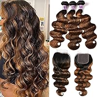 UNICE Brown Highlight Body Wave Human Hair 3 Bundles with 4x4 lace closure, Brazilian Remy Hair Ombre Human Hair Wavy Weaves FB30 Color 14 16 18+14 Closure
