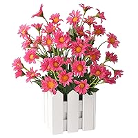 Artificial Flower Plant,Potted Fake Chrysanthemum,Mixed Color Faux Plant in Picket Fence Pot for Spring Outdoor Decoration,1 Set(red)