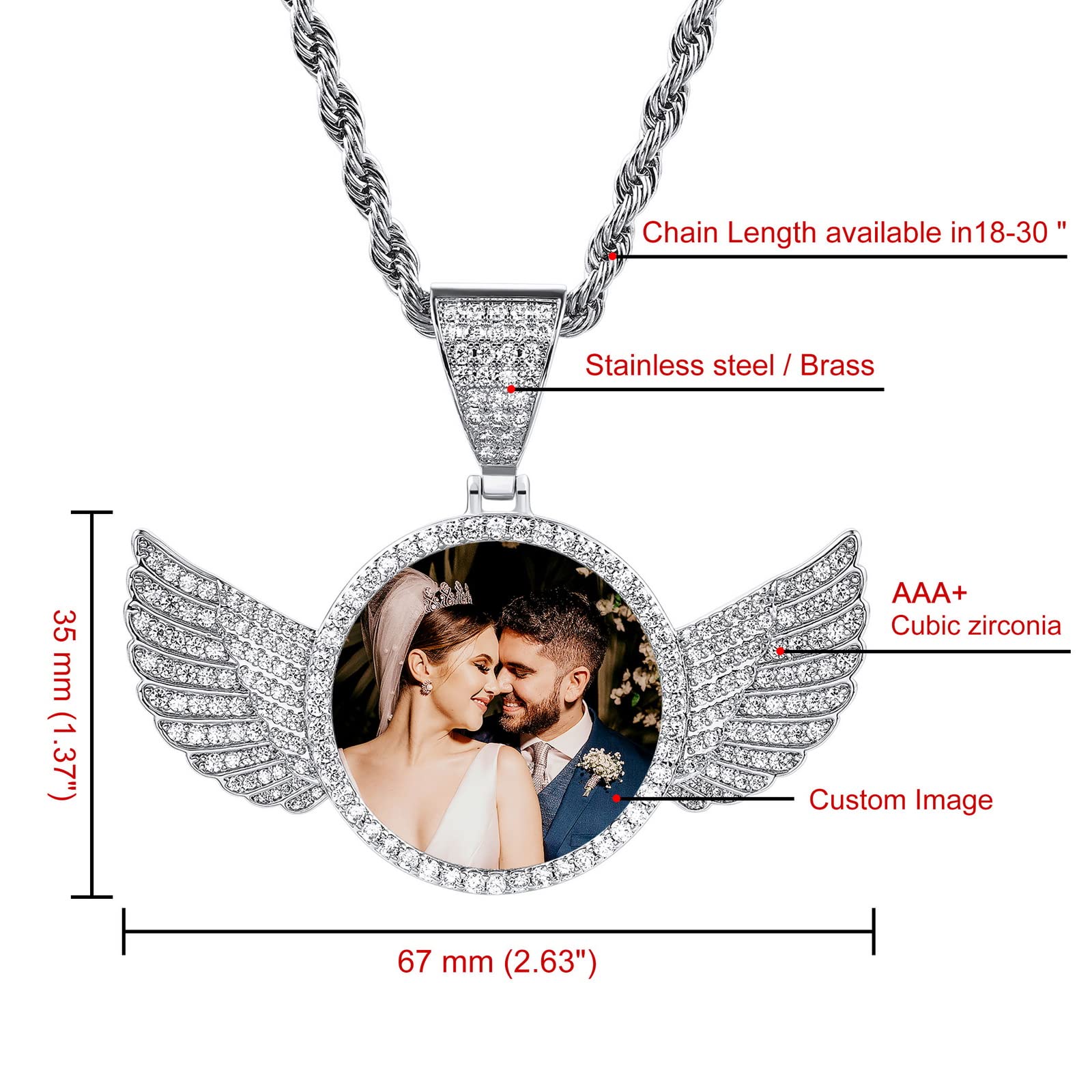 INBLUE Personalized Hip Hop Memory Photo Necklace Pendant Custom Engraved Text for Men Women Copper Iced Out Angel Wing Round & Heart Charm Medal Rope Chain Jewelry Gift