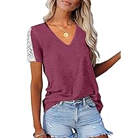 Womens Lace Short Sleeve V Neck T Shirts Summer Casual Tops Loose Fit Tees Blouses