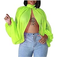 2024 Womens Chiffon Tops Open Front and Back Sexy Trendy Blouse Lantern Long Sleeve Mock Neck Self Tie Sheer Shirts