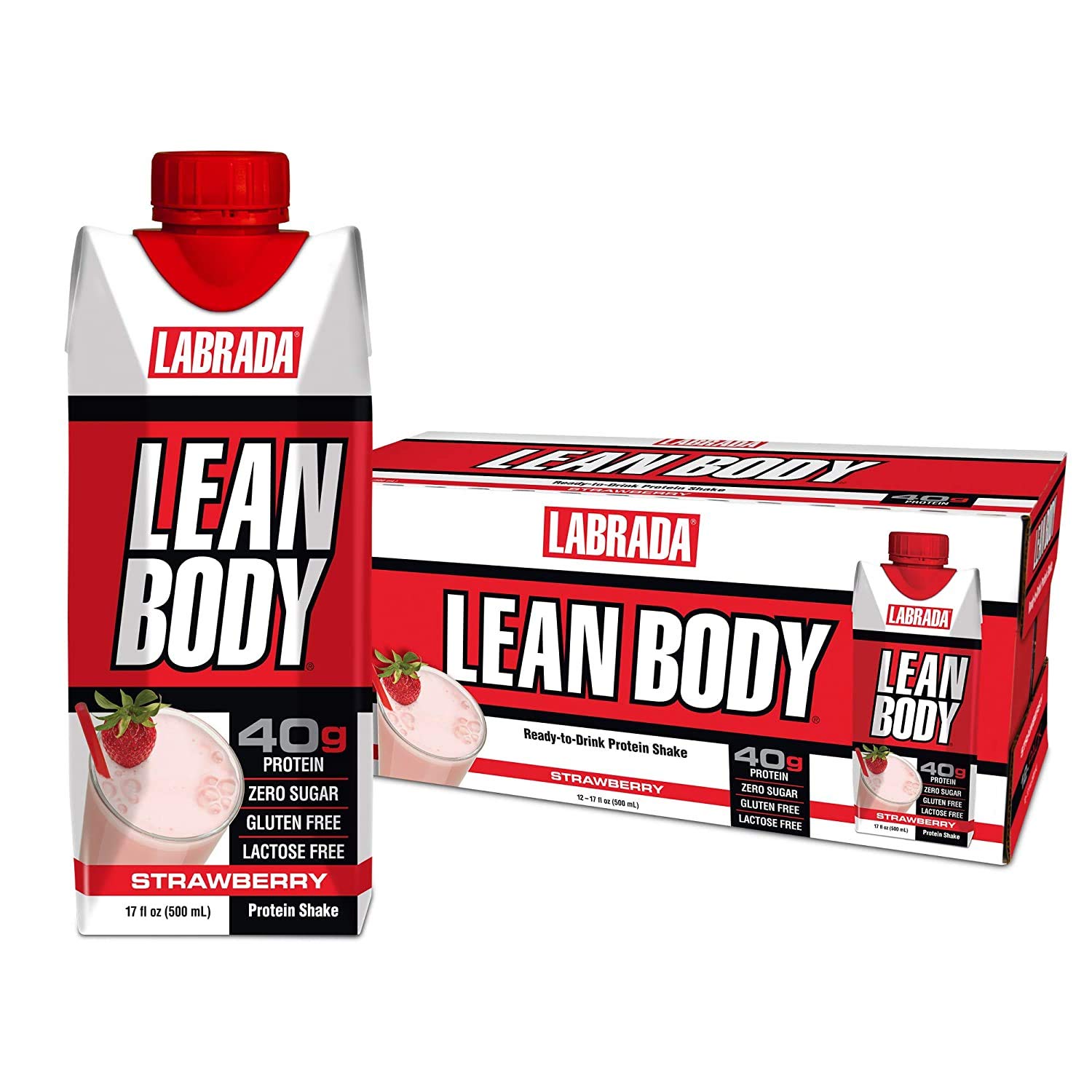 Lean Body Ready-to-Drink Strawberry Protein Shake, 40g Protein, Whey Blend, 0 Sugar, Gluten Free, 22 Vitamins & Minerals, 17 Ounce (Recyclable Carton & Lid - Pack of 12) LABRADA