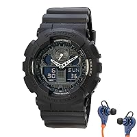 G-SHOCK Casio Mens Watch - Black - Wireless Earphones Combo - Watch 20 bar Water Resistant, Shock Resistant, Magnetic Resistant, LED Backlight, Timer, Stopwatch, Multi-City Time, 12-24 Hour Format