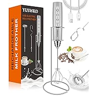 YUSWKO Rechargeable Milk Frother for Coffee with Stand, Handheld Drink Mixer with 3 Heads 3 Speeds Electric Stirrers for Latte, Cappuccino, Hot Chocolate, Egg - Silver